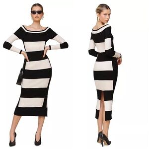 Avec Les Filles Striped Rib-Knit Long-Sleeve Sweater Dress Small